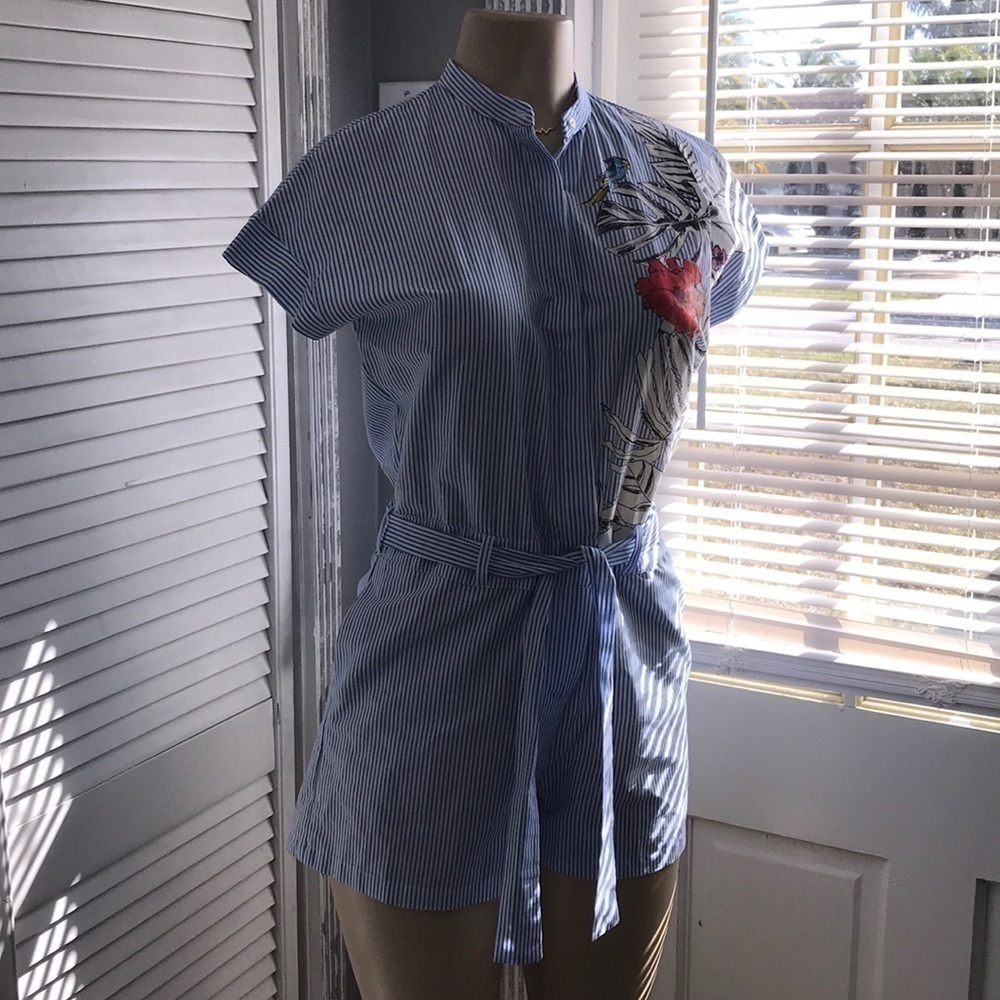 Zara Basic Floral Blue Striped Romper - Picture 4 of 10